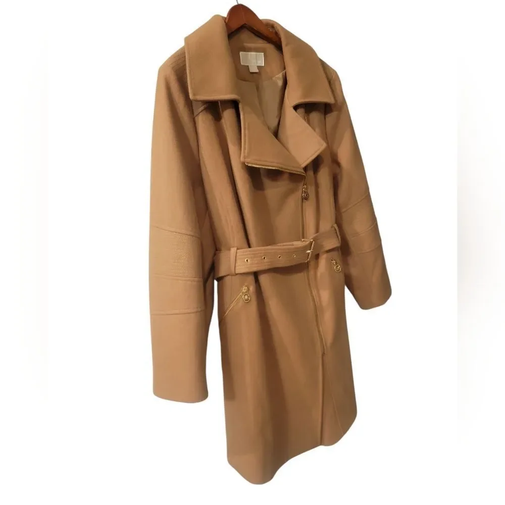 Michael Michael Kors Asymmetrical Trench Belted Wrap Camel Wool Walker Coat 2X